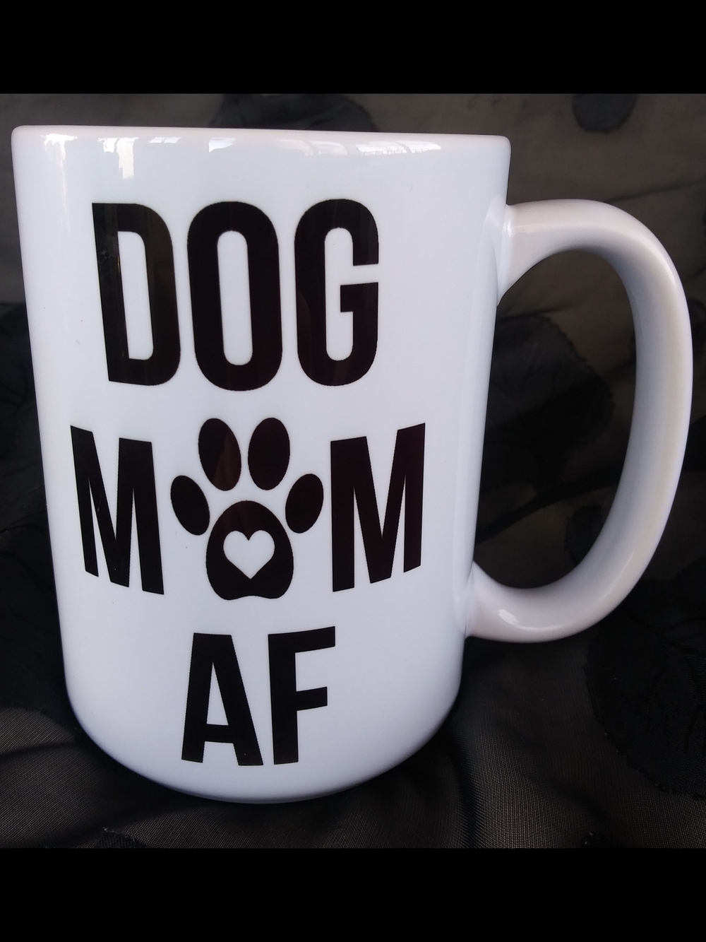 Pearl White Mug with Black "DOG MOM AF" Design